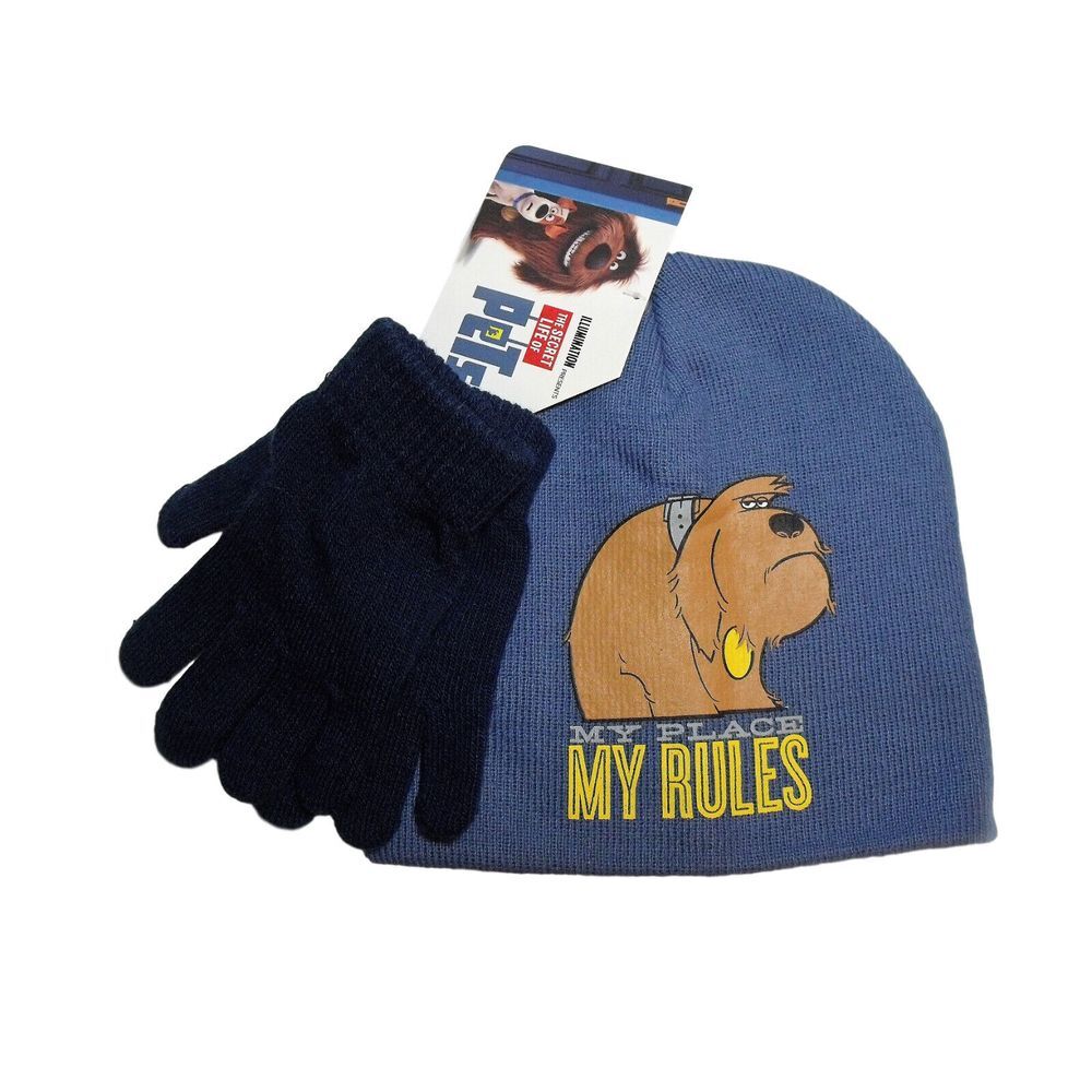 Secret Life of Pets My Place My Rules Blue Knit Beanie Winter Hat Navy Glove NWT